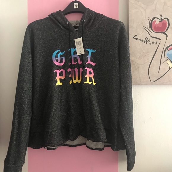 Tops - Girl Power Ruffle Trim Semi-Cropped Hoodie Tops - Girl Power Ruffle Trim Semi-Cropped Hoodie